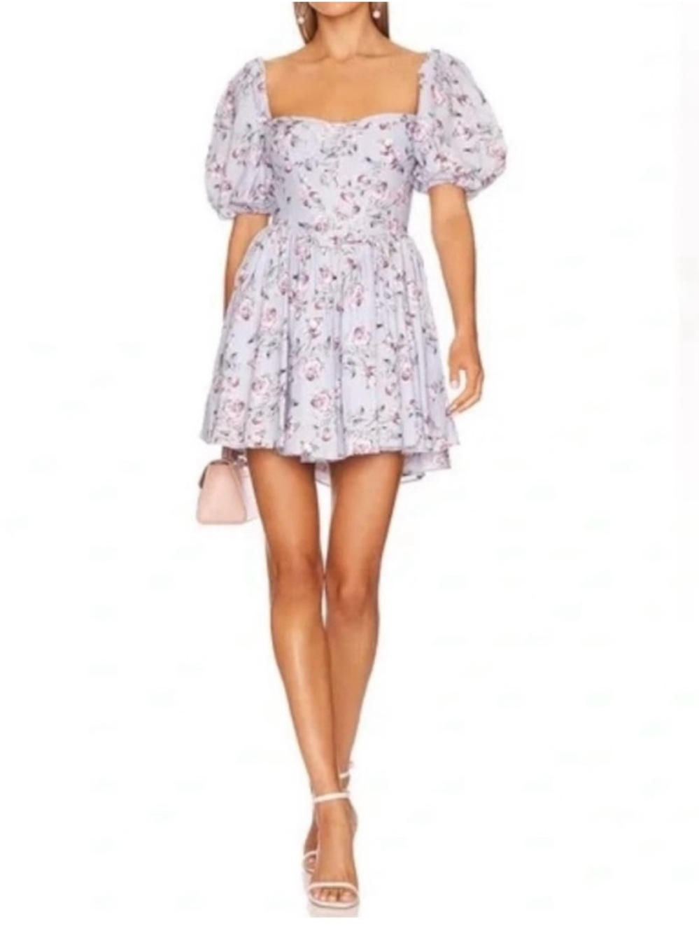 Bardot Pastel Lavender Floral Puff-Sleeve Mini Dress sz M whimsical summer vibes